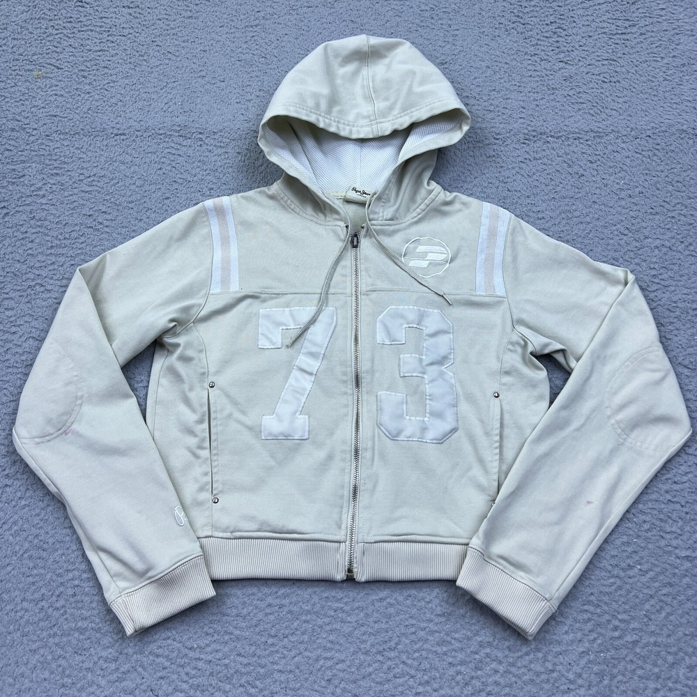 VTG Pepe Jeans London Track Zip Hoodie Womens L Beige 73 Jacket Elbow Patch Logo
